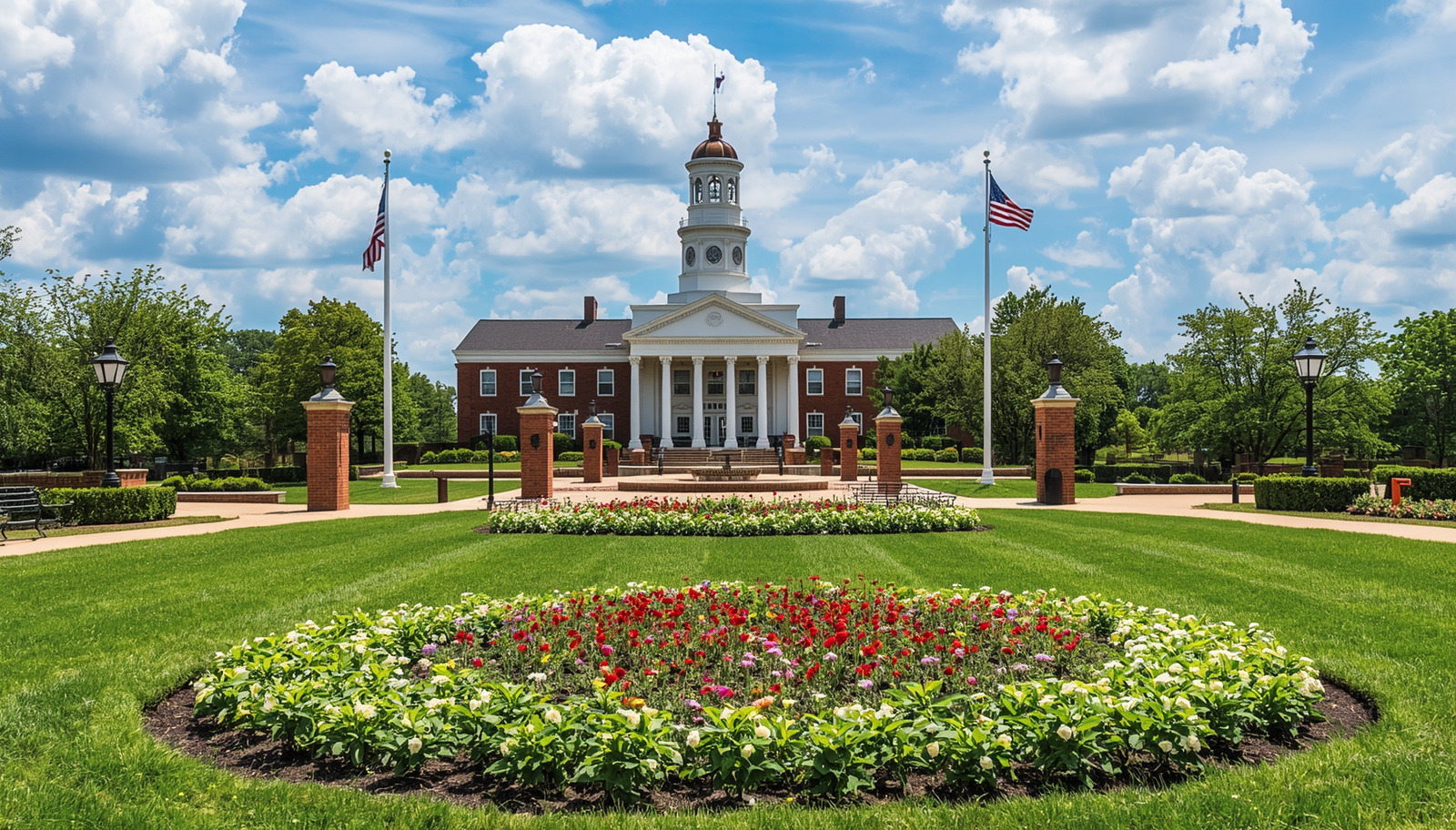 Historic building and courthouse lawn in Murfreesboro, North Carolina on a sunny day with blue skies and gardens.