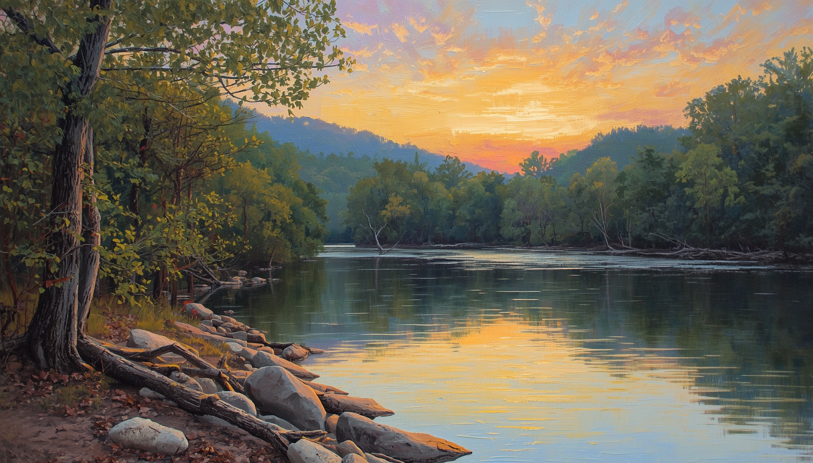 Scenic river and forest landscape near Newport, Tennessee at sunset with Smoky Mountain views.
