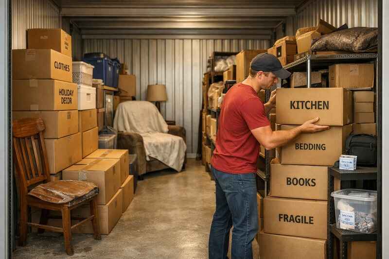 A man organizing his storage unit A man organizing his storage unit