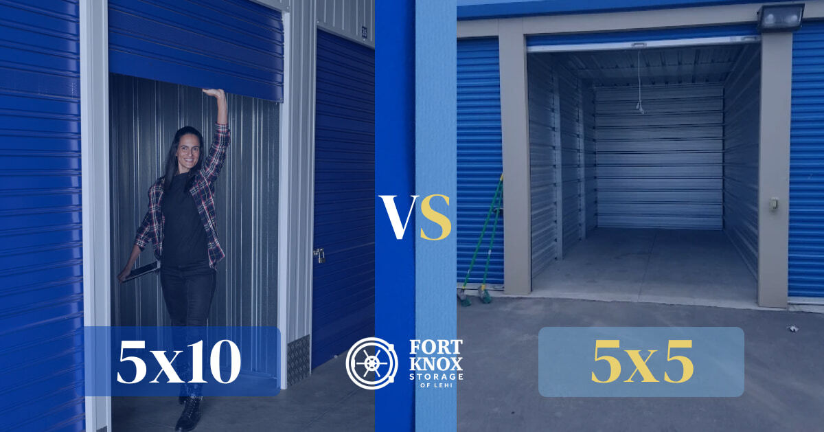 Side-by-side comparison of a 5x10 storage unit and a 5x5 storage unit at Fort Knox Storage in Lehi. Side-by-side comparison of a 5x10 storage unit and a 5x5 storage unit at Fort Knox Storage in Lehi.