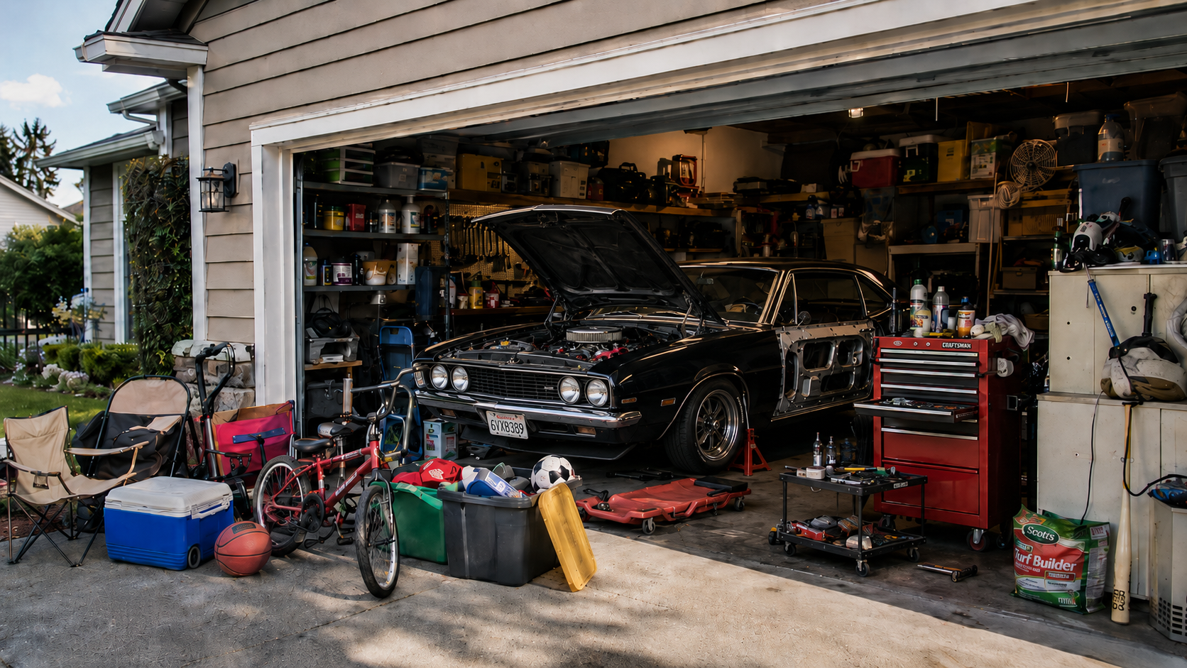 Classic car under maintenance in a cluttered family garage Classic car under maintenance in a cluttered family garage