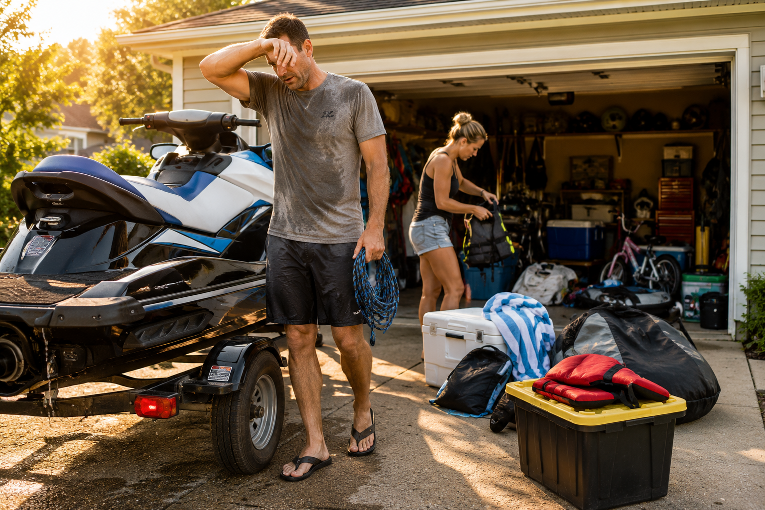 couple sweating while they unload from a day at the lake couple sweating while they unload from a day at the lake