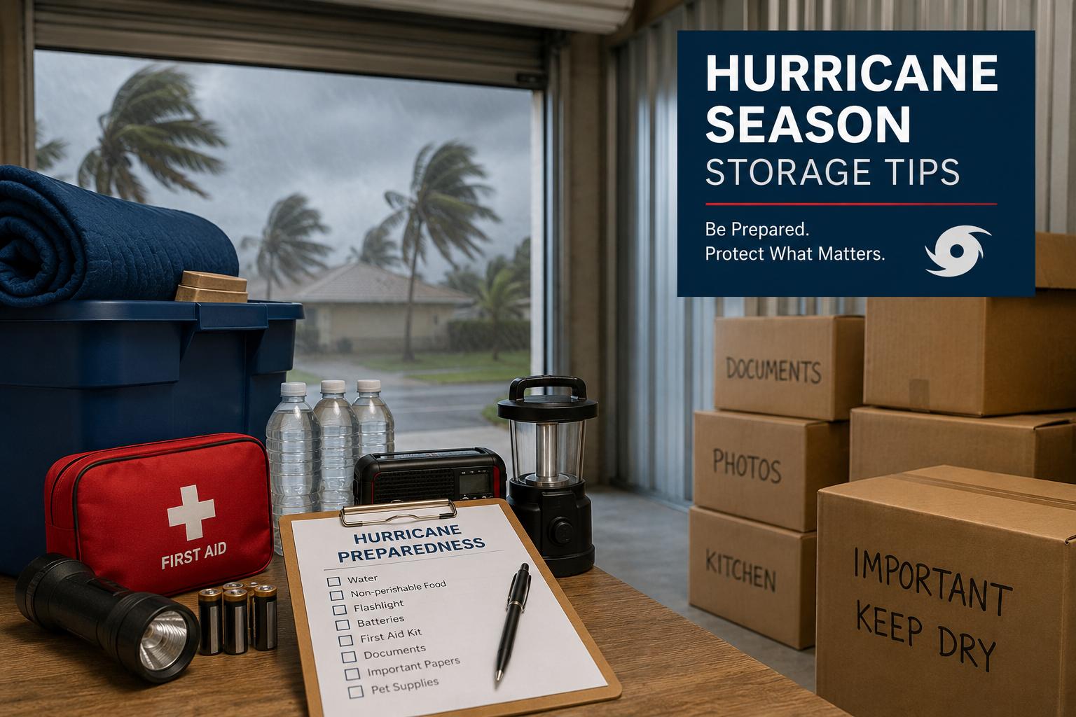 Emergency hurricane preparedness supplies including water, first aid kit, flashlight, batteries, important documents, and storage bins organized inside a storage unit with storm conditions visible outside. Emergency hurricane preparedness supplies including water, first aid kit, flashlight, batteries, important documents, and storage bins organized inside a storage unit with storm conditions visible outside.