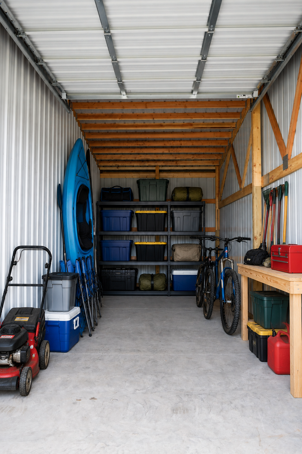 Organized storage unit near Castle Rock Lake and Lake Petenwell with shelving, storage totes, bicycles, lawn equipment, camping gear, and household items. Organized storage unit near Castle Rock Lake and Lake Petenwell with shelving, storage totes, bicycles, lawn equipment, camping gear, and household items.