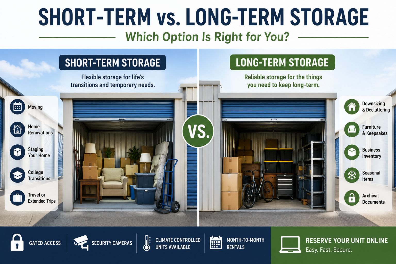 Comparison of short-term and long-term self-storage options in DeWitt, Iowa, showing common uses and storage solutions. Comparison of short-term and long-term self-storage options in DeWitt, Iowa, showing common uses and storage solutions.