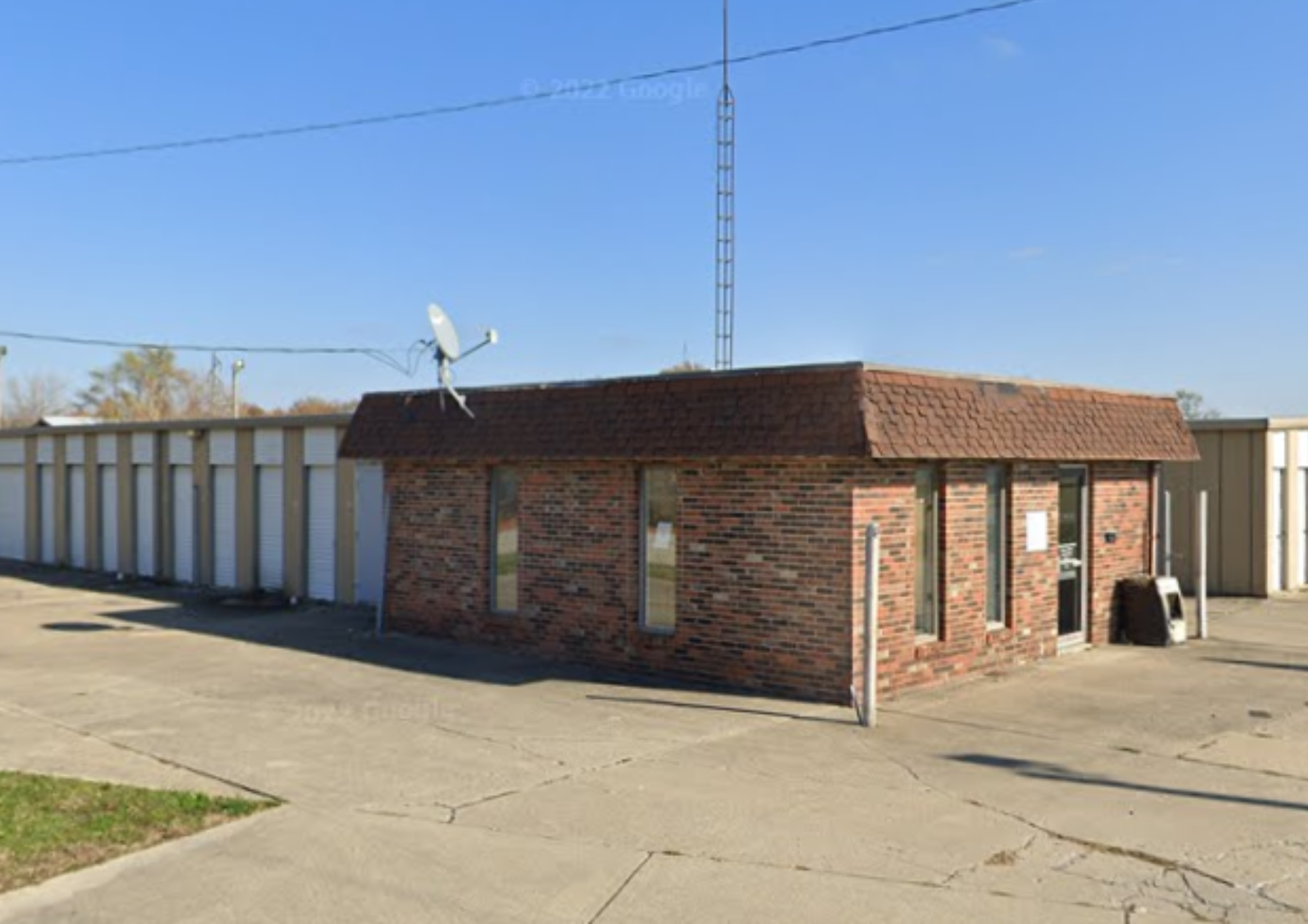 Brick office building with drive-up storage units at a storage facility in Centralia.