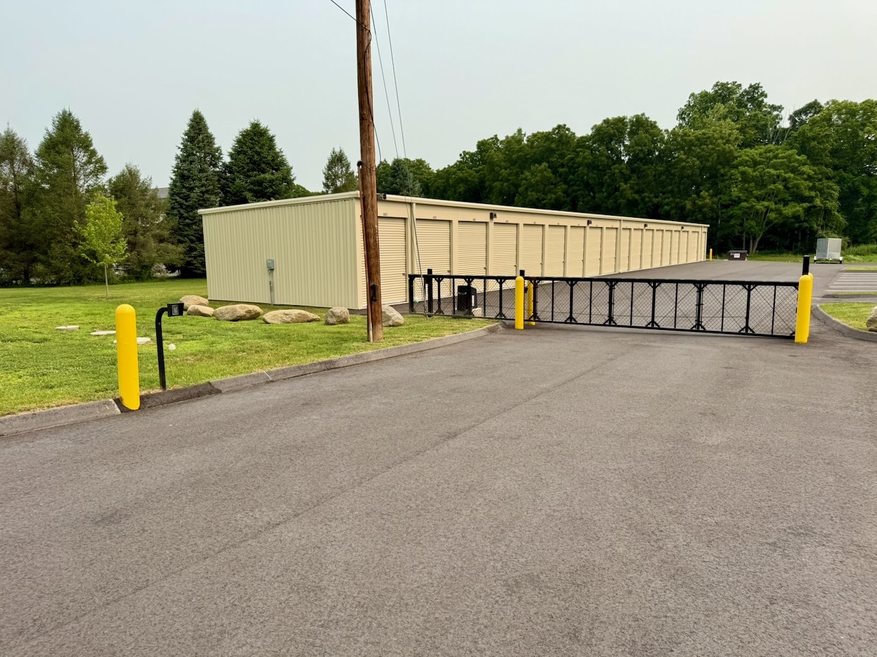 The automated cantilever security gate at the drive entrance to Southbury Self Storage