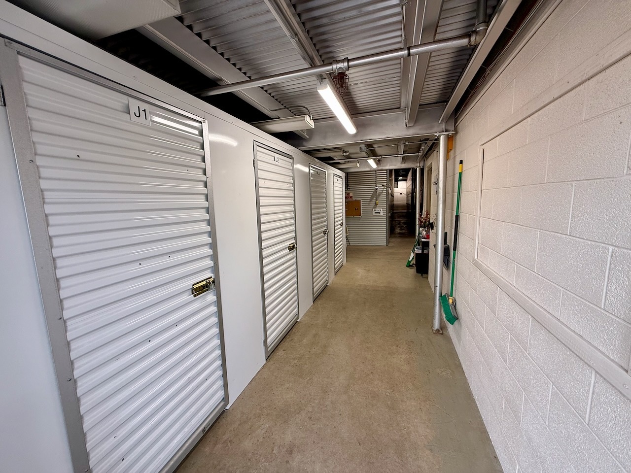 The interior corridor just inside the side entrance of Building 1 at Southbury Self Storage
