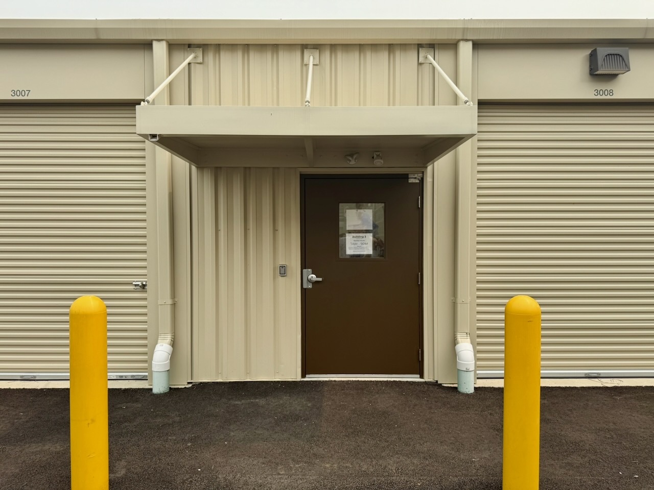 The keypad entrance leading into the climate-controlled interior units of Building 3 at Southbury Self Storage