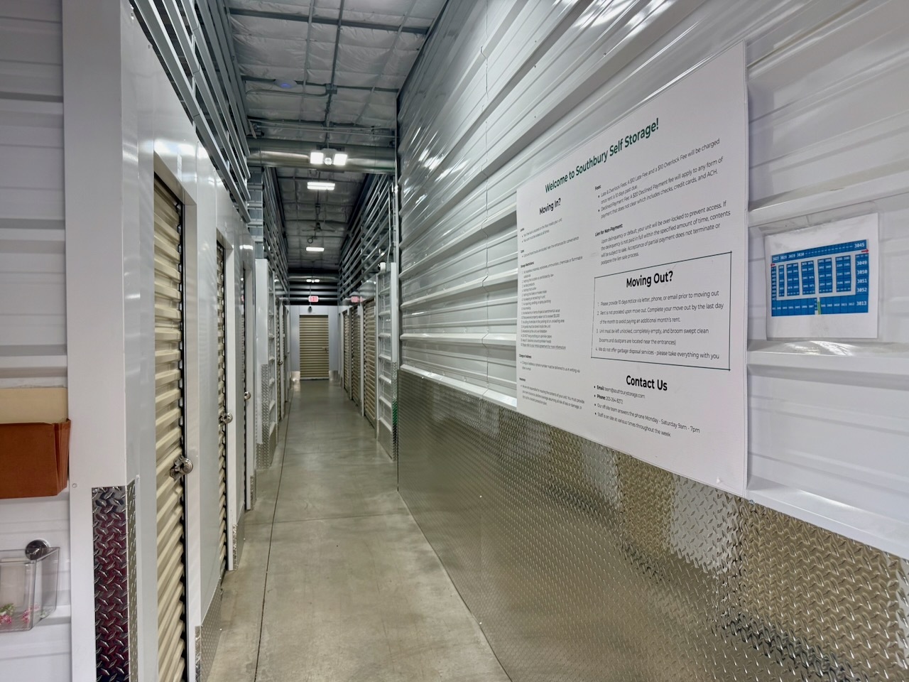 Bright climate-controlled hallway at Southbury Self Storage near Newtown CT