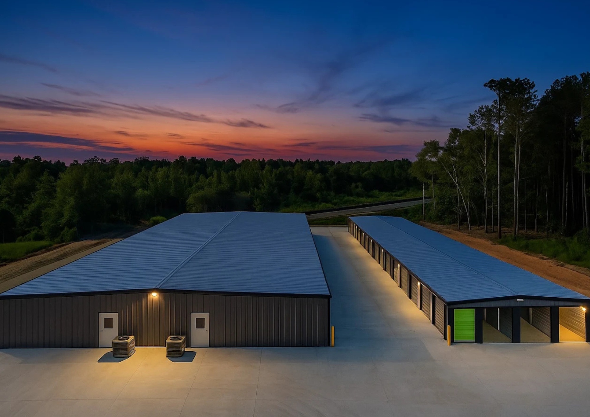 Aerial sunset view of South Georgia Storage in Dublin, GA
