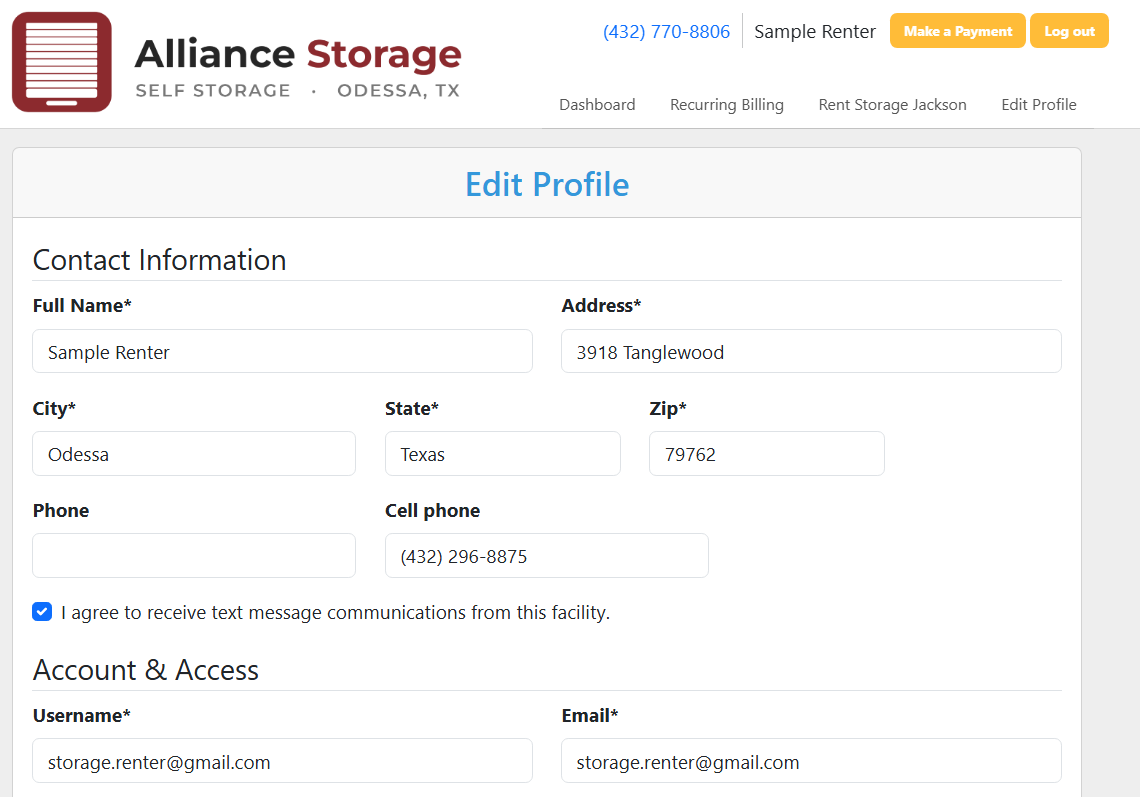Alliance Storage customer account Edit Profile page showing the text message opt-in checkbox