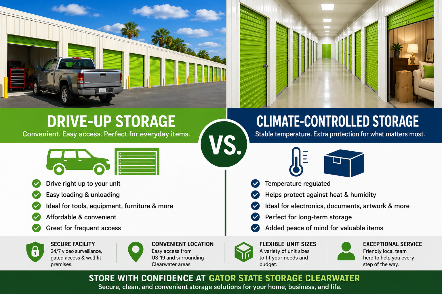 Climate-controlled and drive up storage units in Clearwater Florida