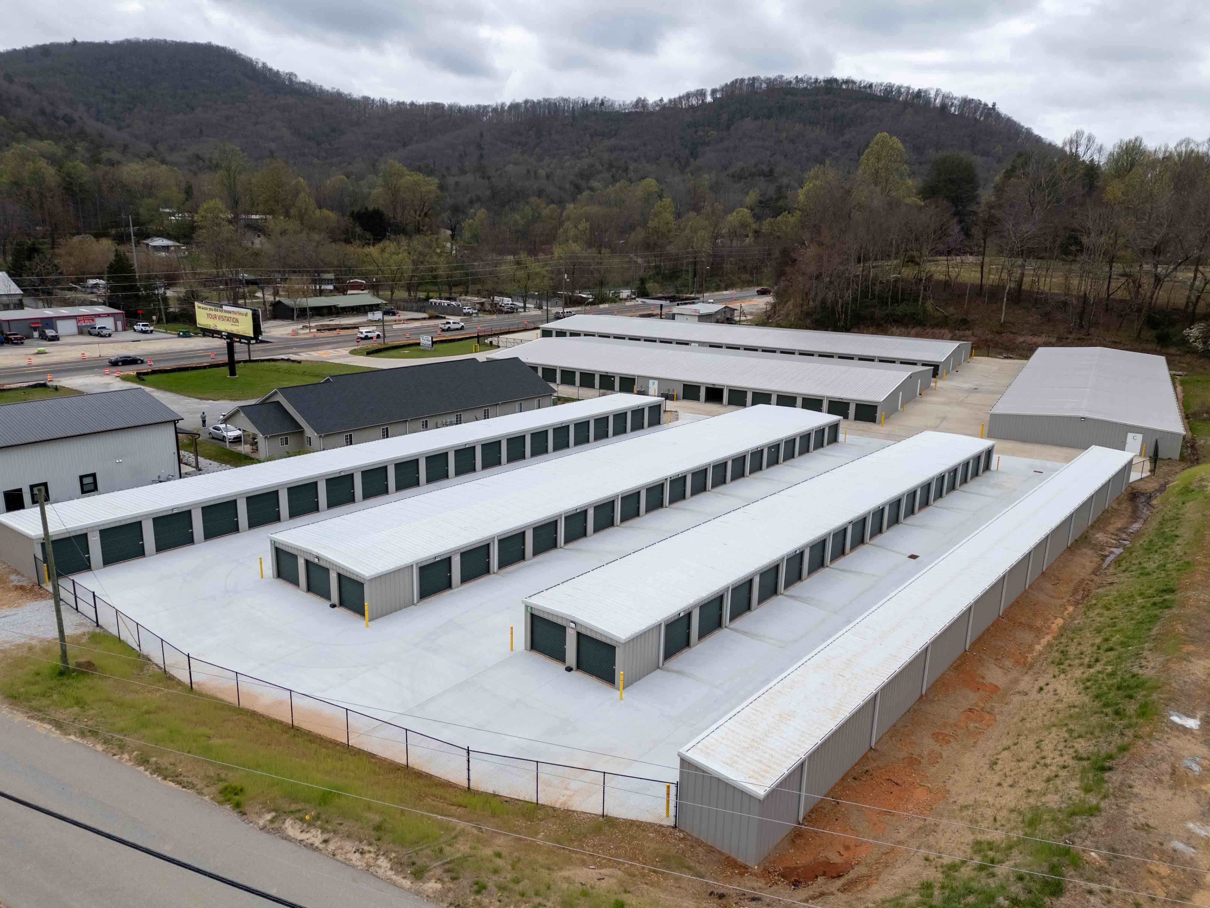 Aerial view of Vault Self Storage's drive-up storage units surrounded by the North Georgia mountains in Clayton, GA Aerial view of Vault Self Storage's drive-up storage units surrounded by the North Georgia mountains in Clayton, GA