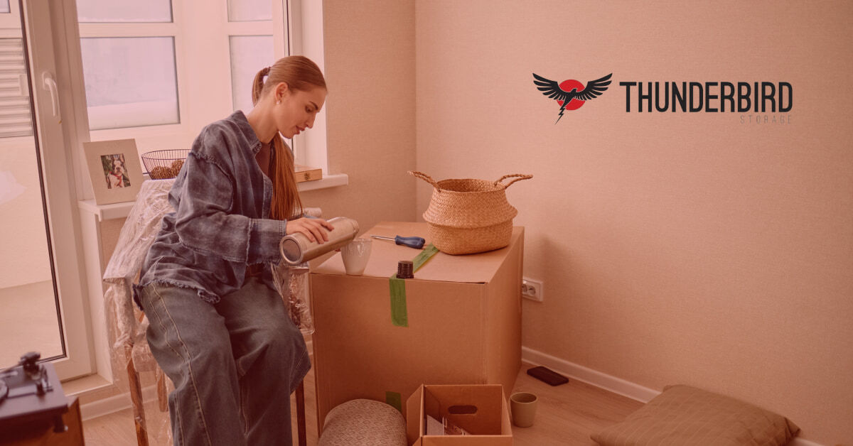 A college student packing moving boxes in her apartment, sorting items for move-out and storage at Thunderbird Storage in Cedar City. A college student packing moving boxes in her apartment, sorting items for move-out and storage at Thunderbird Storage in Cedar City.