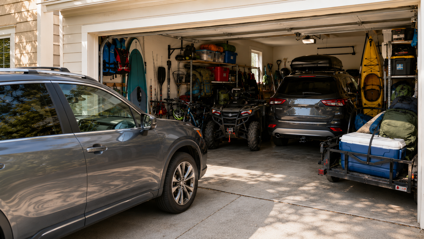 a two car garage full of summer recreational gear with room for only one car to park inside and another car parked outside a two car garage full of summer recreational gear with room for only one car to park inside and another car parked outside