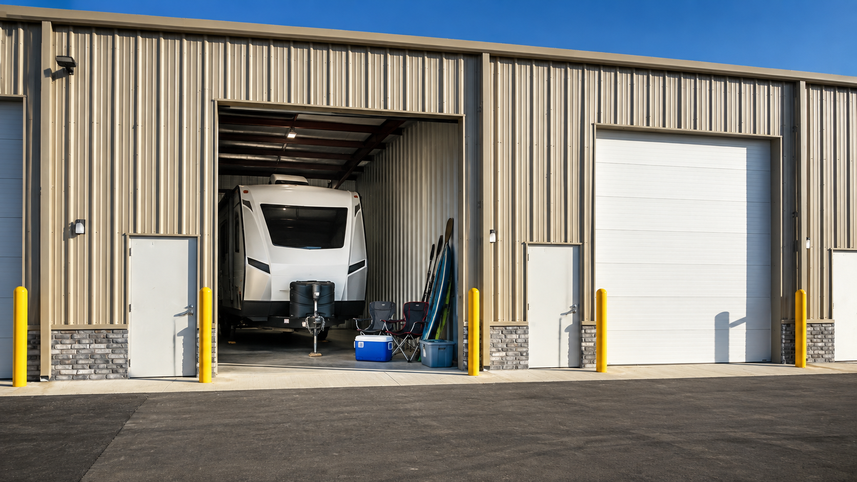 rv and summer recreation equipment in large storage unit