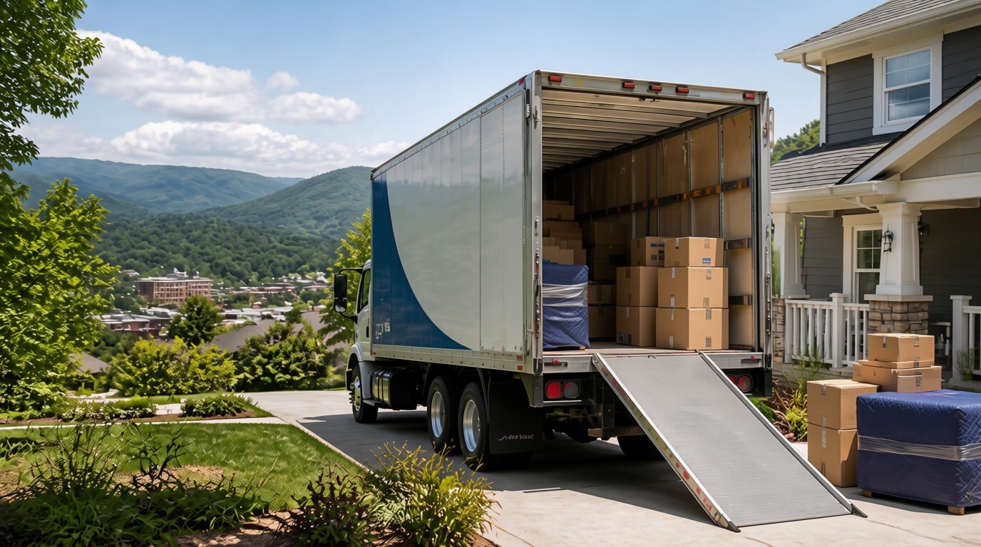 Moving companies in Morganton, NC helping with a residential move as a moving truck is loaded with boxes and furniture.