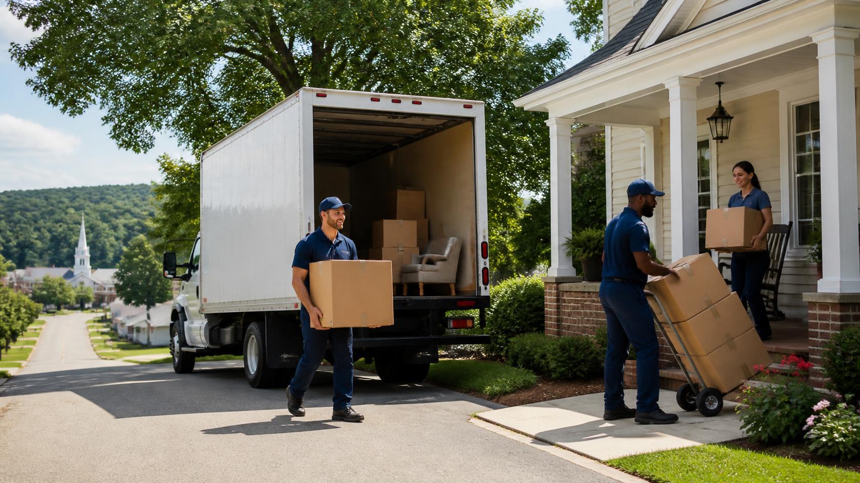 Professional moving company in Vinemont, AL helping a homeowner move boxes into a new home. Professional moving company in Vinemont, AL helping a homeowner move boxes into a new home.