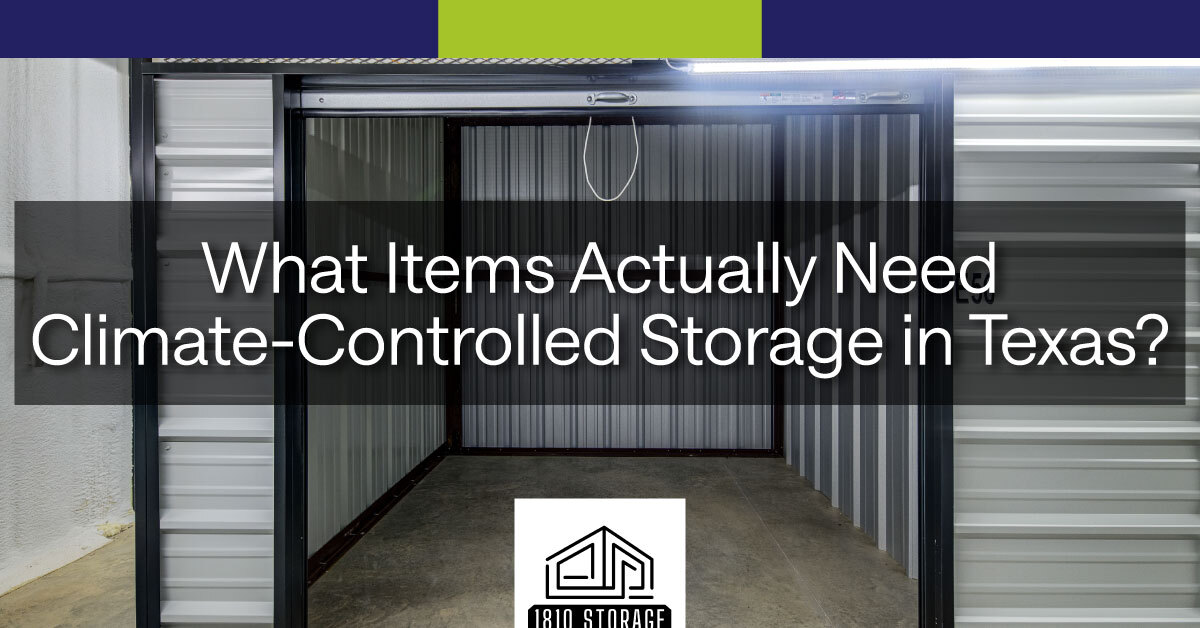 An image of an empty storage unit with an open door. A text banner reads, “What Items Actually Need Climate-Controlled Storage in Texas?” An image of an empty storage unit with an open door. A text banner reads, “What Items Actually Need Climate-Controlled Storage in Texas?”