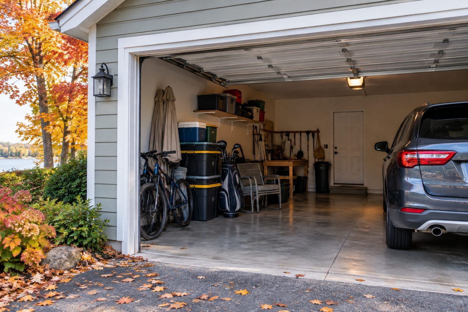 Residential garage in autumn before winter storage preparation in Charlevoix Michigan