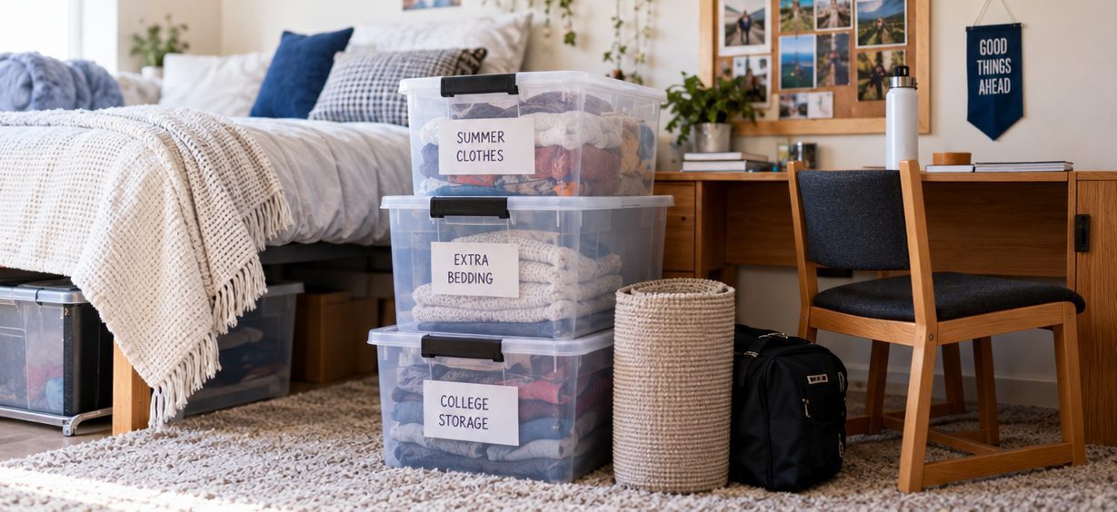 Labeled college clothing and bedding bins ready for storage in Charlevoix Michigan