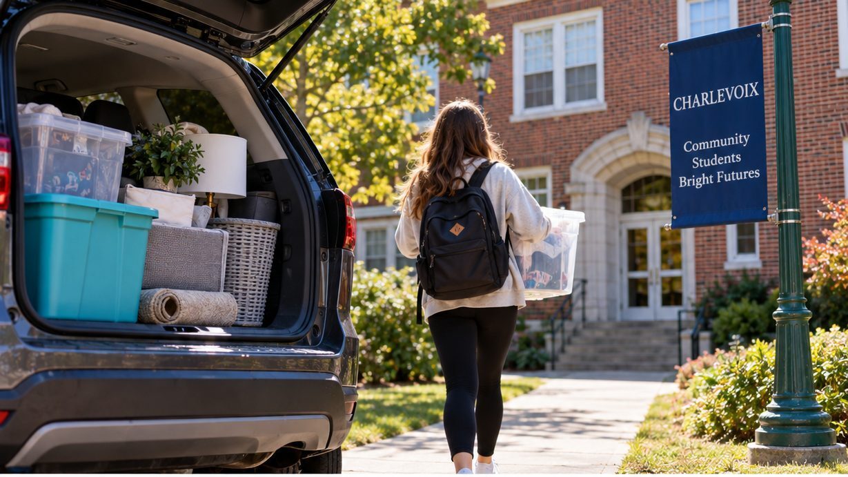 College student unloading belongings for storage near Charlevoix Michigan