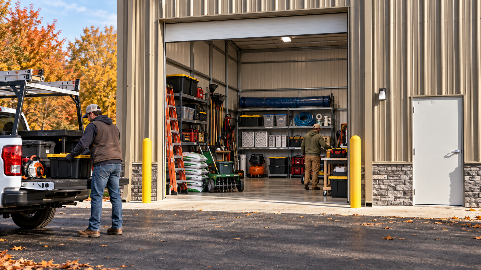 Contractor loading truck from an organized AP Garages unit