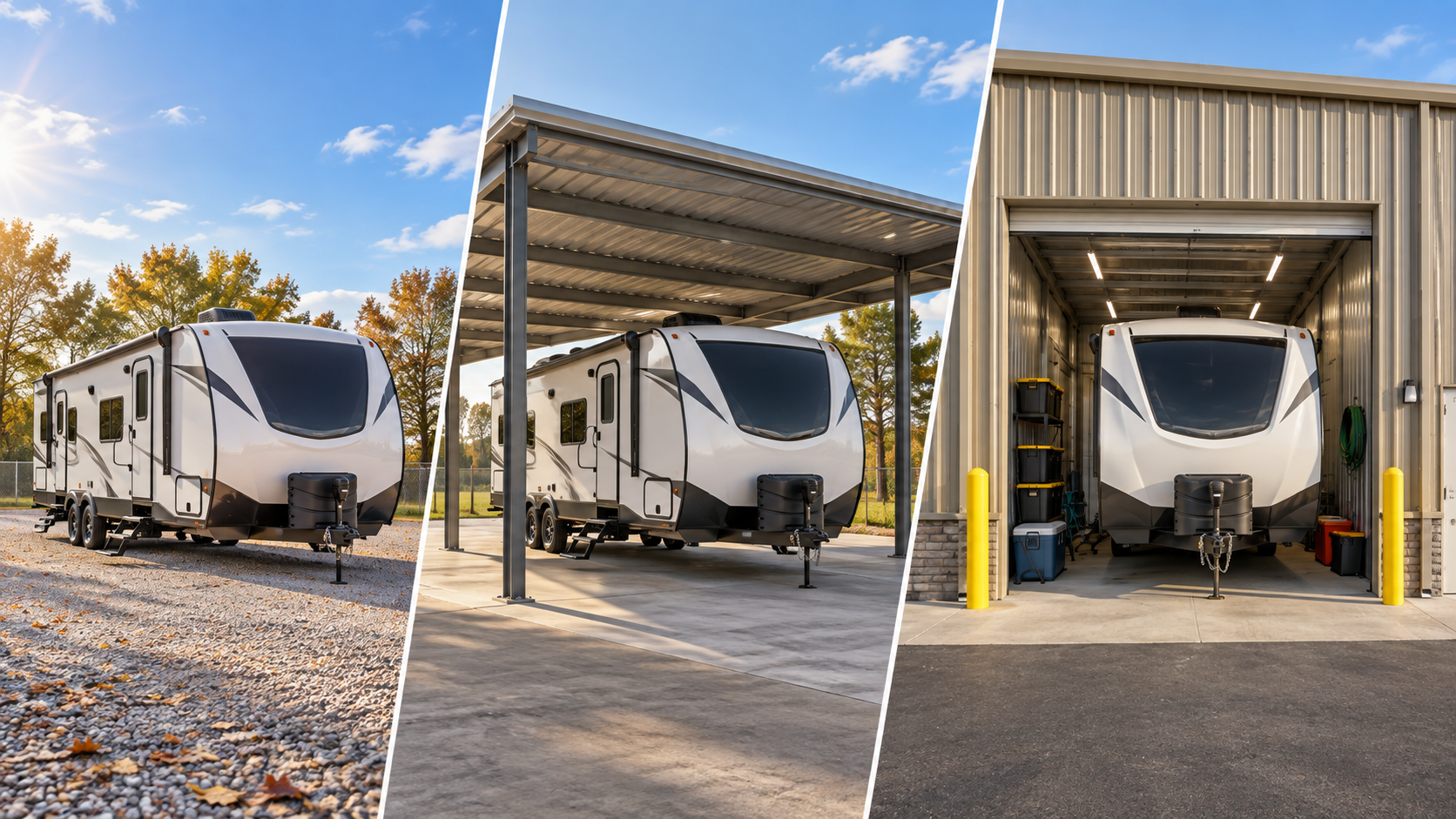 RV in open, covered, and enclosed parking garage spaces RV in open, covered, and enclosed parking garage spaces