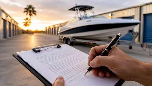 Boat storage rental paperwork being signed in front of a trailered boat at a storage facility in Fairhope, Alabama.