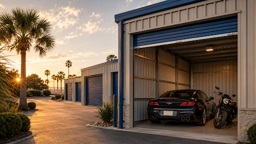 Sports car and motorcycle parked inside an enclosed storage unit at a storage facility in Fairhope, Alabama.