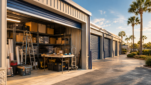 Business inventory, shelving, tools, and equipment stored inside a commercial storage unit in Fairhope, Alabama.