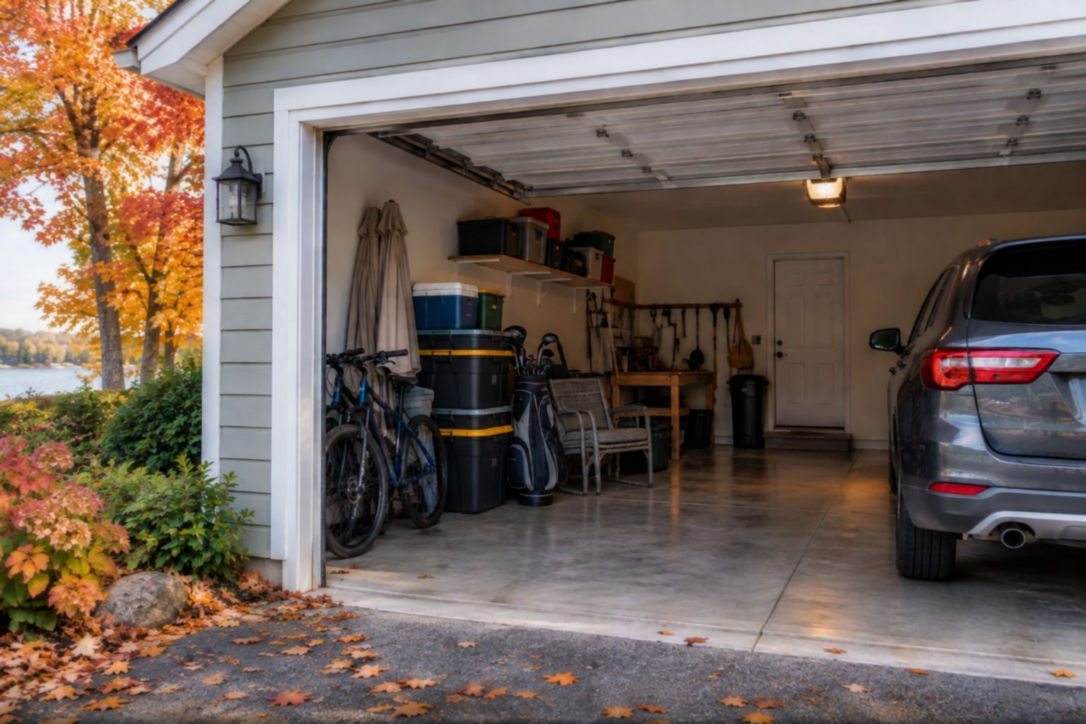 Seasonal sports and household gear organized in a garage in Northern Michigan