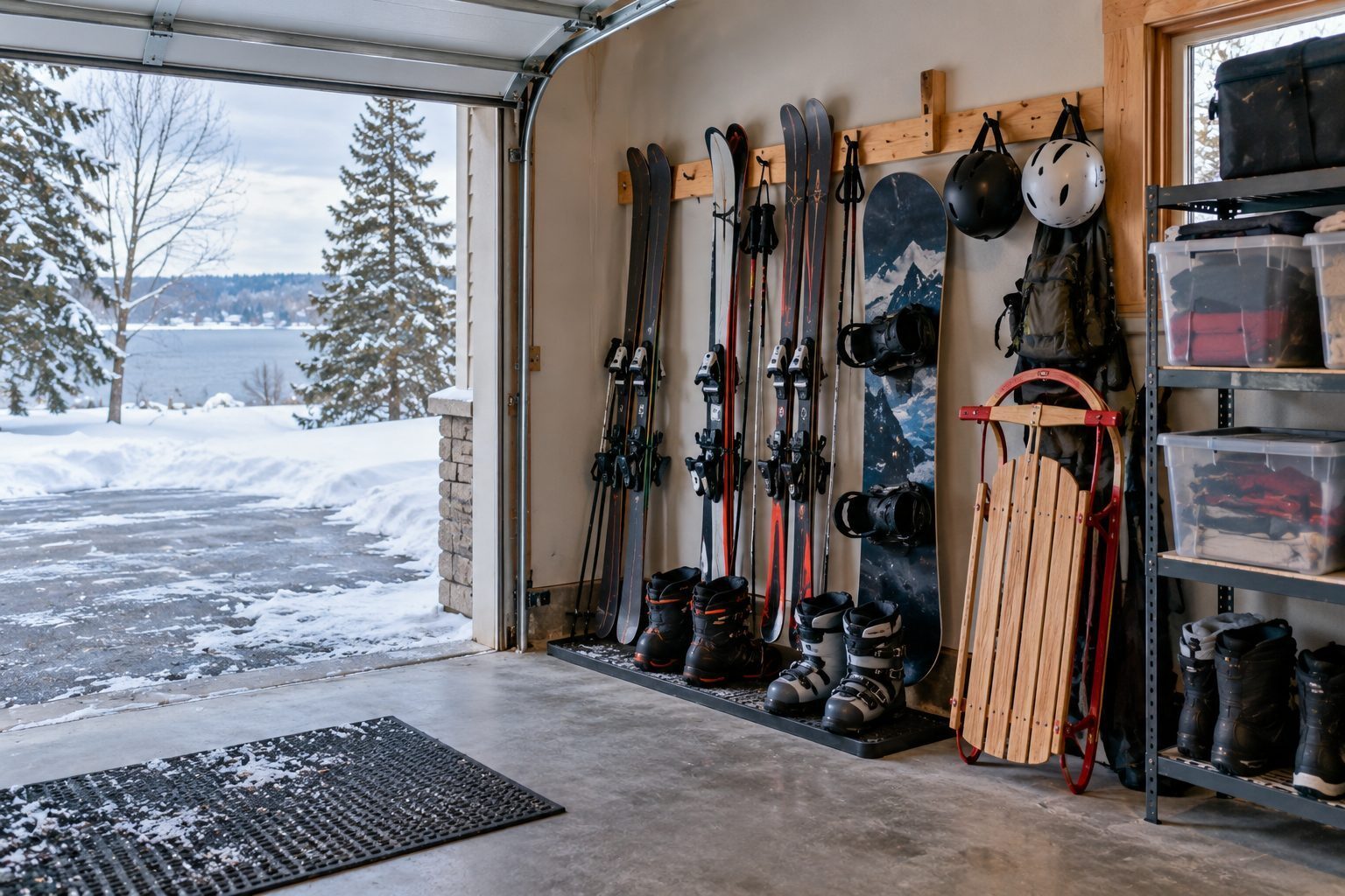 Skis snowboards boots and winter sports gear organized for storage in Charlevoix Michigan