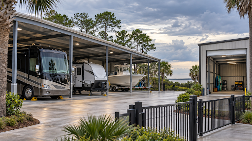 Covered storage spaces holding a motorhome, travel trailer, and boat at a gated storage facility in Fairhope, Alabama.