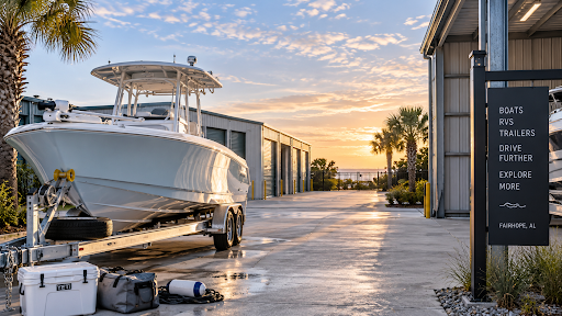 Center-console boat on a trailer parked at a coastal storage facility in Fairhope, Alabama, with covered and enclosed storage units nearby.