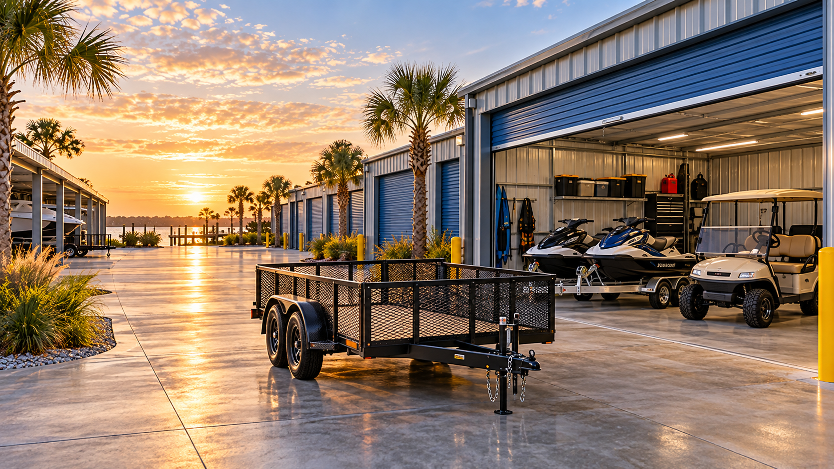 Utility trailer, jet skis, and golf cart stored at a covered and enclosed storage facility in Fairhope, Alabama.