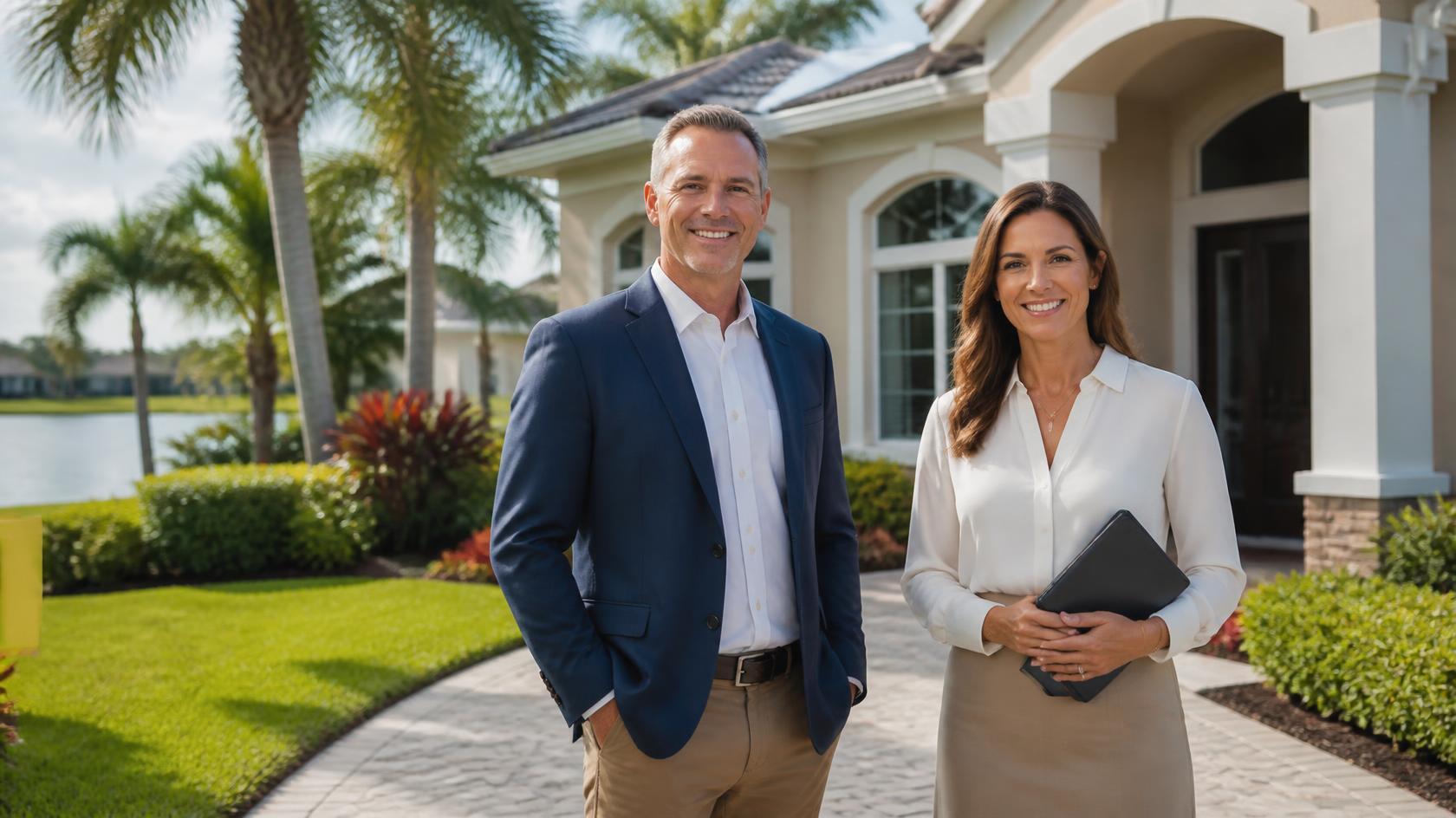 Real estate agents in Sebring, FL standing outside a Florida home Real estate agents in Sebring, FL standing outside a Florida home