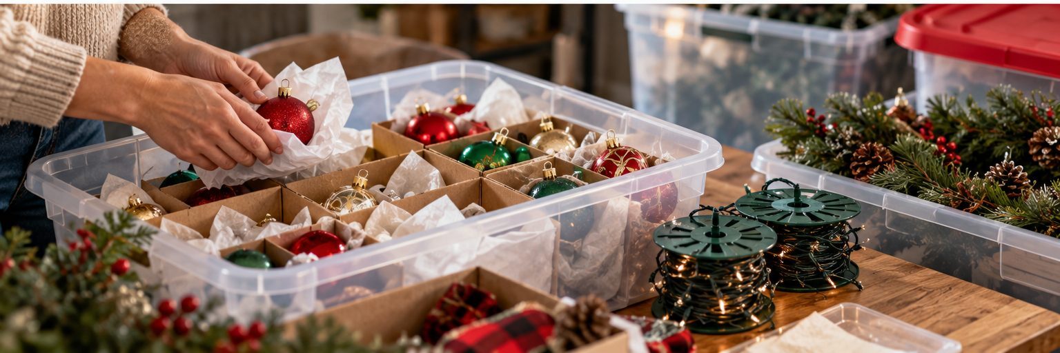 Christmas ornaments being carefully packed into divided storage bins