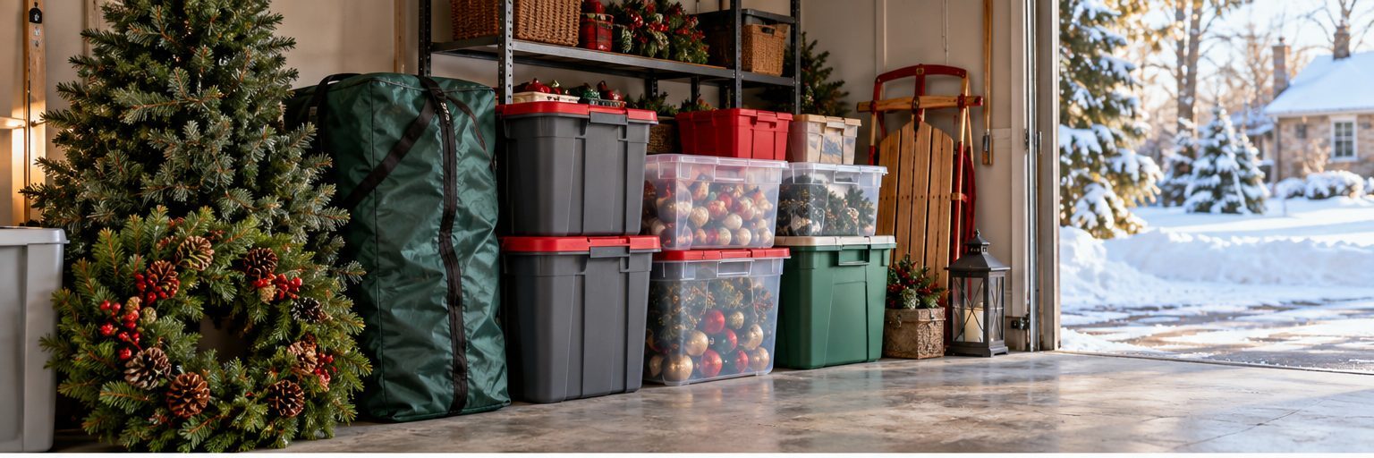 Christmas decorations organized in storage bins in a Northern Michigan garage