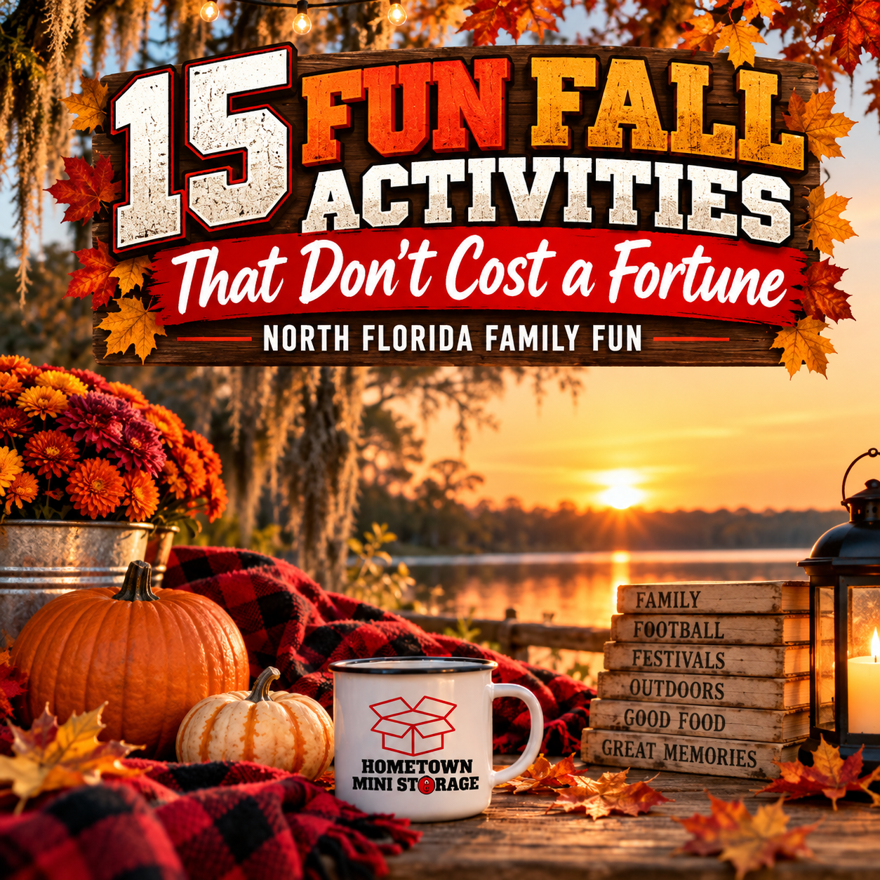 Cozy North Florida fall scene with pumpkins, autumn flowers, plaid blankets, a Hometown Mini Storage mug, lantern, and sunset by the water promoting 15 fun and affordable fall activities for families.