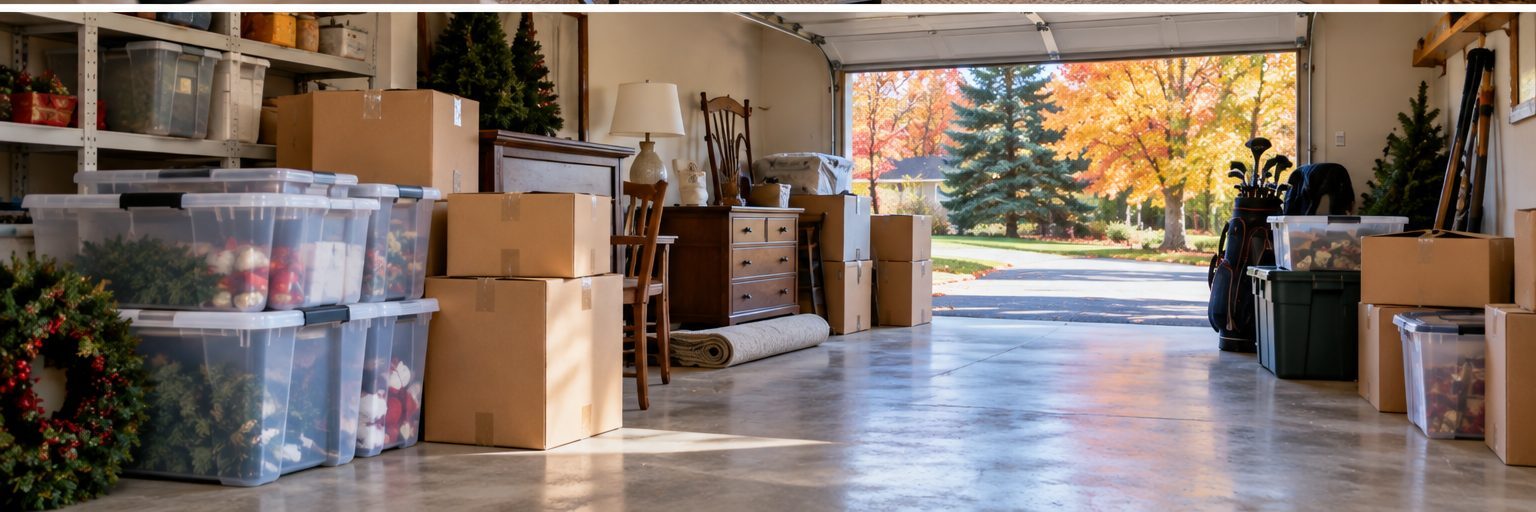 Furniture boxes and seasonal belongings organized while decluttering a home for sale
