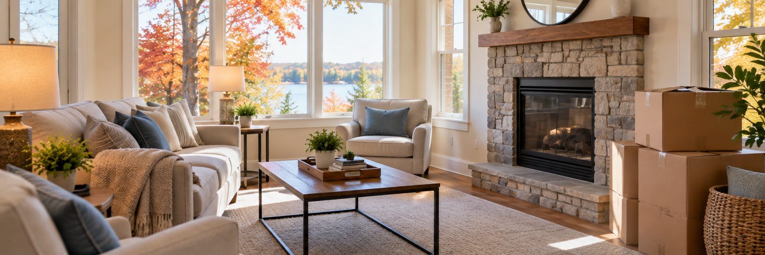 Decluttered living room staged for a home sale in Northern Michigan