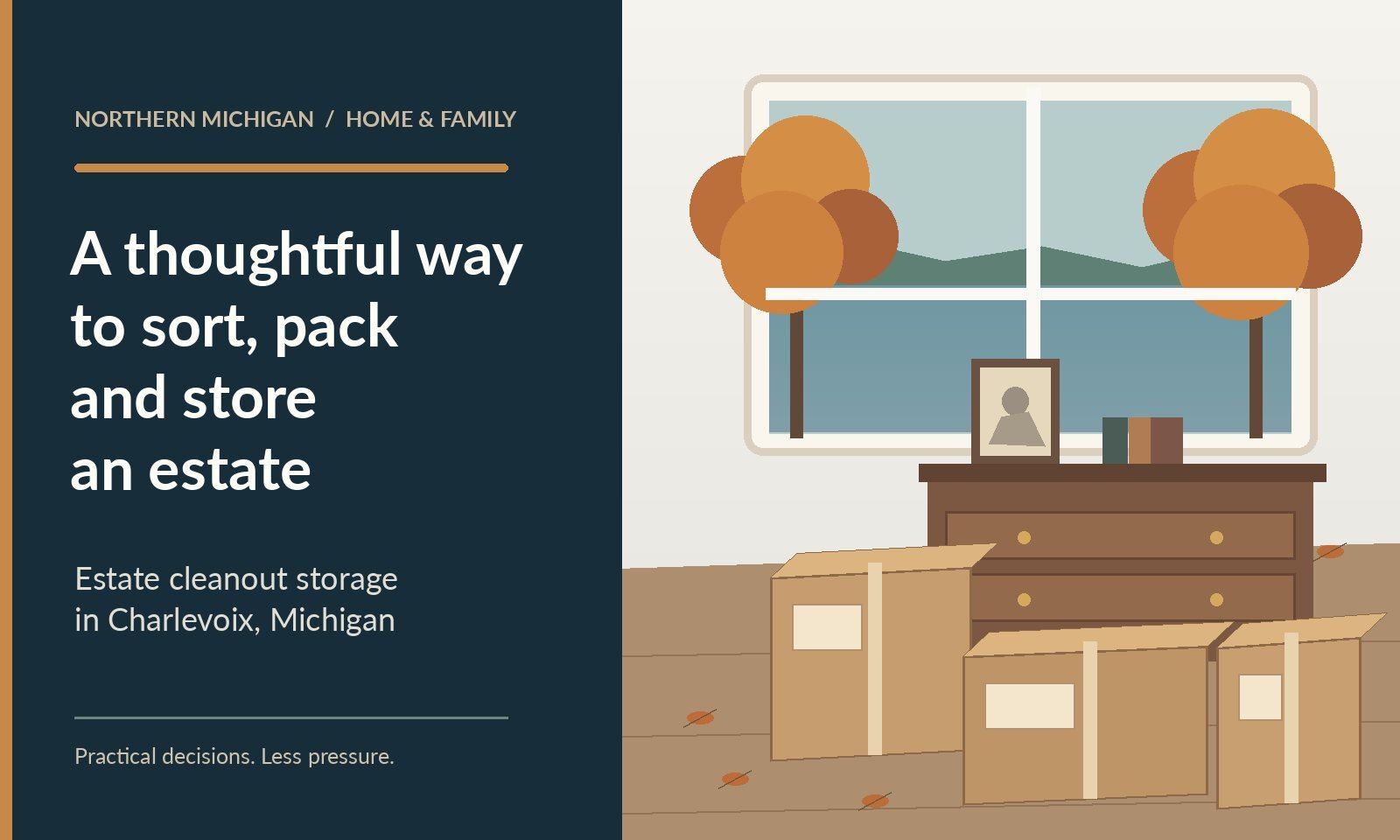 Illustration of a Northern Michigan home with packed boxes during an estate cleanout