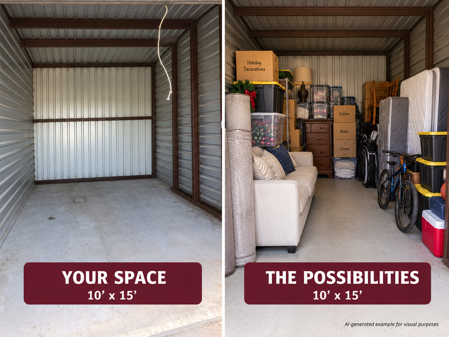 Picture on left is an actual image of the space. The picture on the right is an AI generated image showing how you could possibly use the space Picture on left is an actual image of the space. The picture on the right is an AI generated image showing how you could possibly use the space
