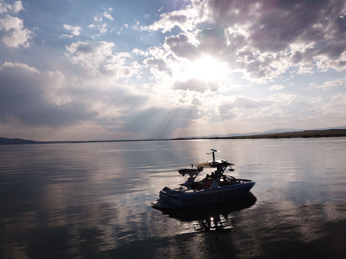 Wake boat on Island Park Reservoir in Idaho Wake boat on Island Park Reservoir in Idaho