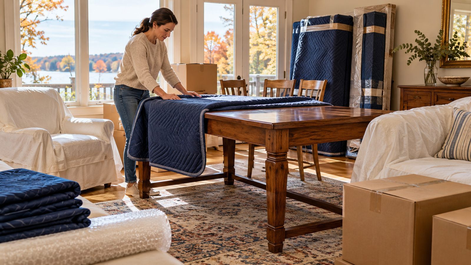 Furniture being prepared with moving blankets and boxes in an unbranded Northern Michigan-style home