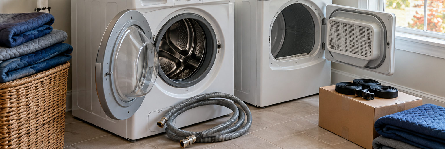 Washer and dryer being prepared for storage with disconnected hoses and moving blankets in a generic residential laundry room