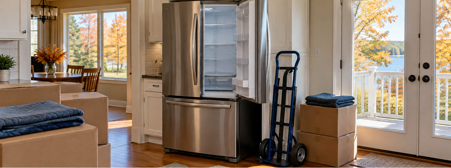 Clean empty refrigerator being prepared for storage with moving boxes in an unbranded Northern Michigan-style home