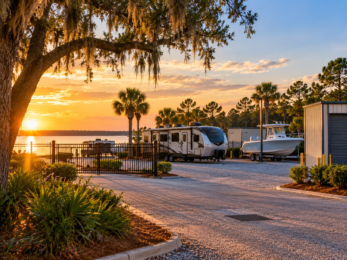 RV traveling along a scenic coastal road in southern Alabama, surrounded by lush greenery and natural Gulf Coast scenery.